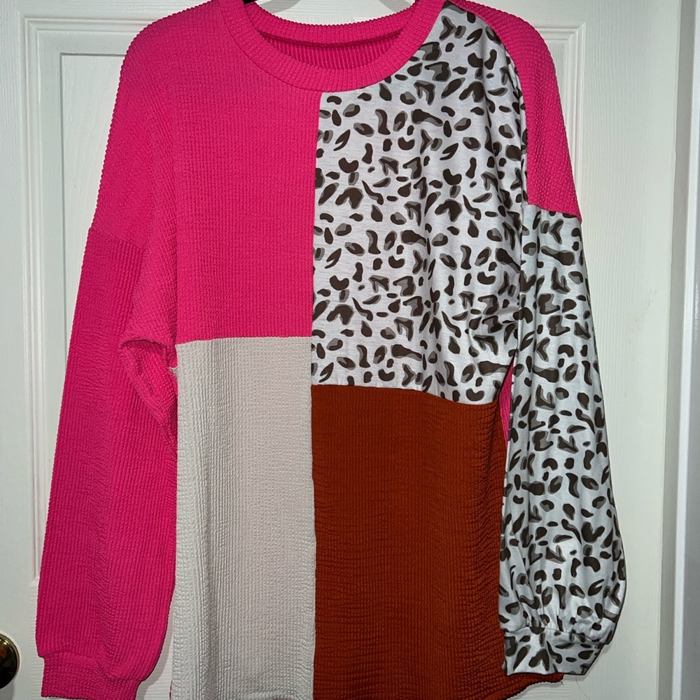 Colorblock Sweater with Animal Print Sleeve